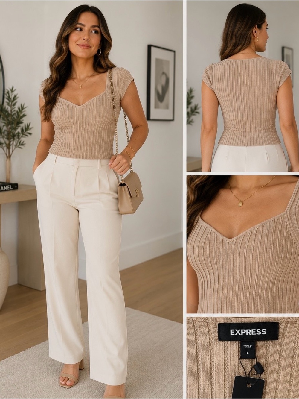 Express Women's Taupe Ribbed Knit Top - Neutral Taupe
